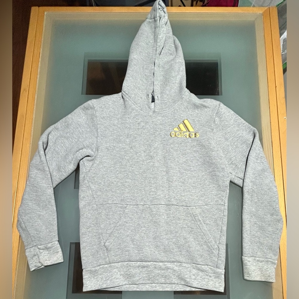 Adidas Gray and Gold Logo Hoodie Men’s S